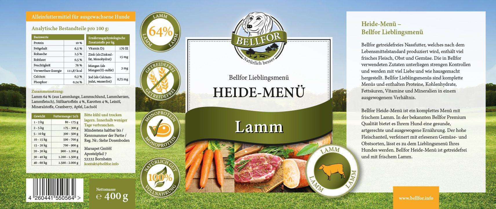 Bellfor Hundefutter Nass mit Lamm - Getreidefrei - Heide-Menü