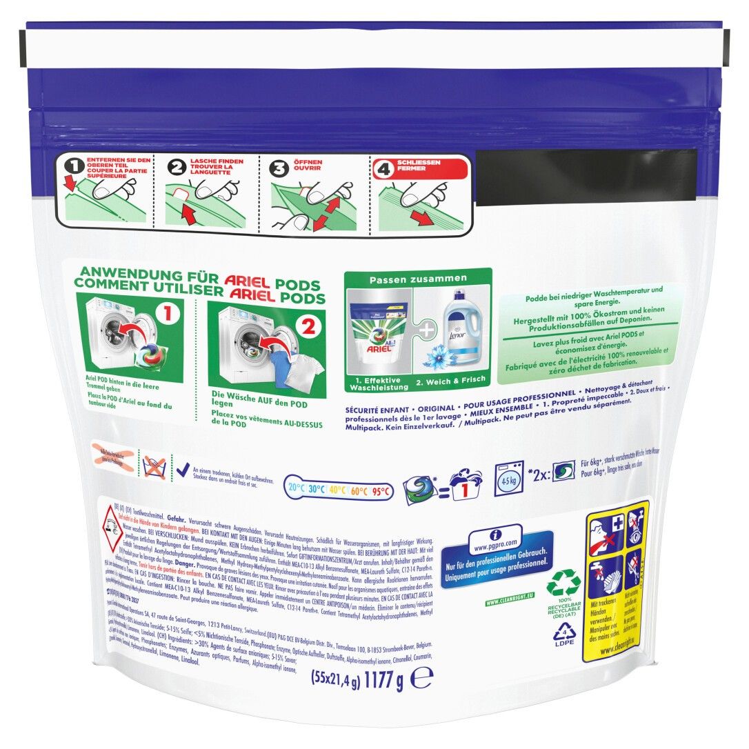 Rückseite der Ariel All-in-1 PODS-Verpackung. Anweisungen und Text. Aufschrift: Anwendung für Ariel PODS. Sicherheitsinformationen und Recycling-Symbol.