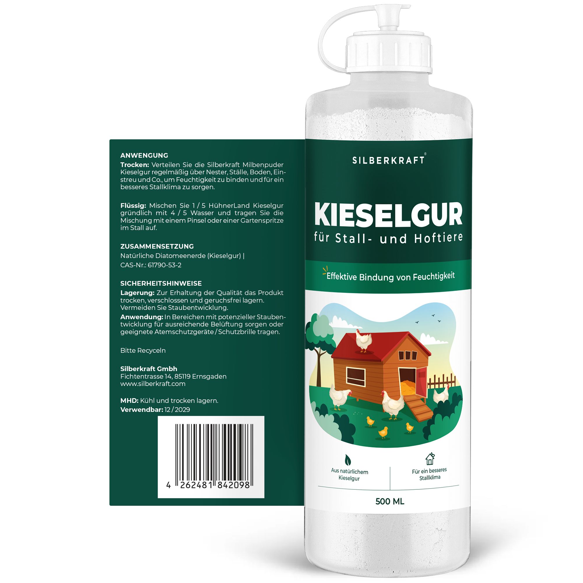Flasche SILBERKRAFT Kieselgur. Text: Anwendung, Zusammensetzung, Sicherheitshinweise. Illustrationen und Produktabbildung.