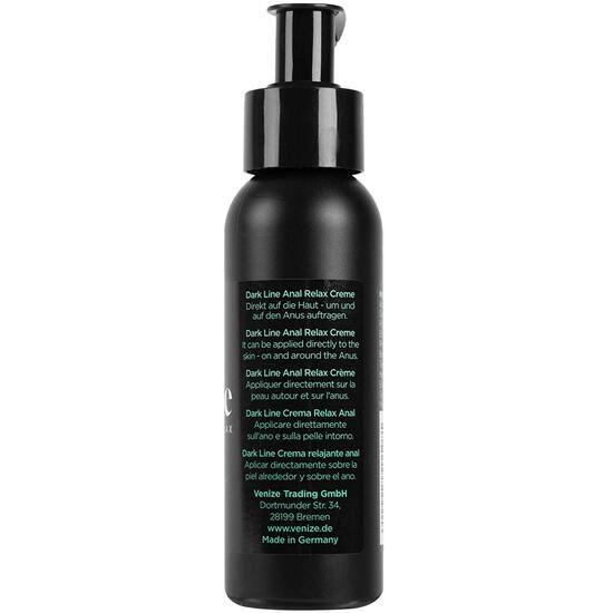 Schwarze Flasche mit Text. Text: Dark Line Anal Relax Creme. Hersteller: Venize Trading GmbH.