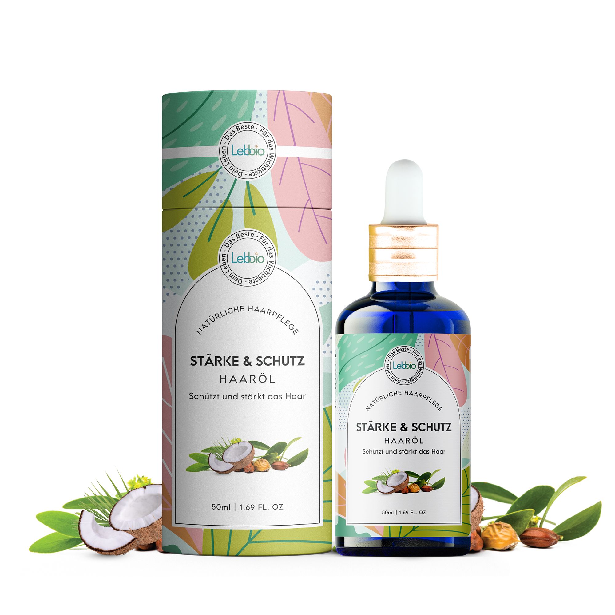 Blaues Haaröl-Fläschchen mit weißem Tropfer und Karton. Aufschrift: Stärke & Schutz Haaröl. Kokosnuss- und Blätter-Dekoration.