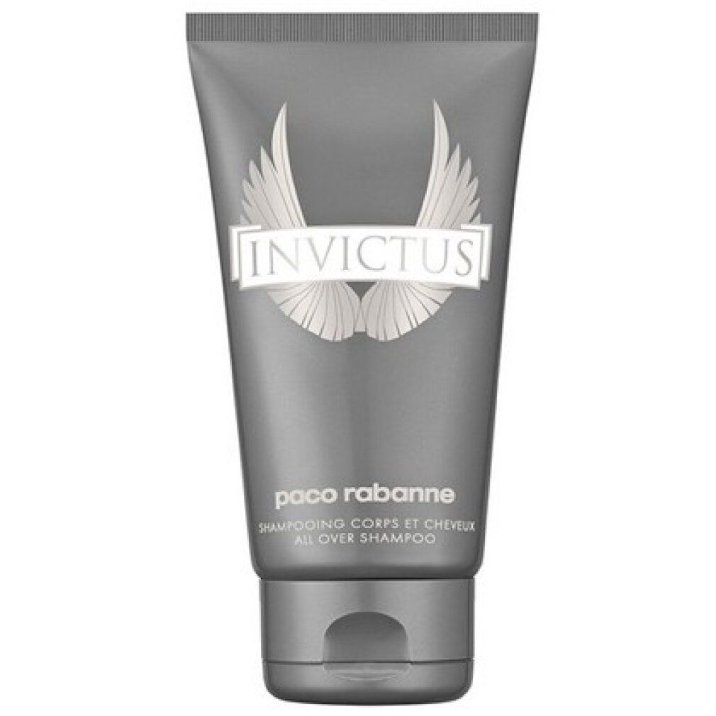 Graue Tube mit „INVICTUS“-Logo und Flügeln. „paco rabanne“ und „SHAMPOOING CORPS ET CHEVEUX ALL OVER SHAMPOO“ darunter.