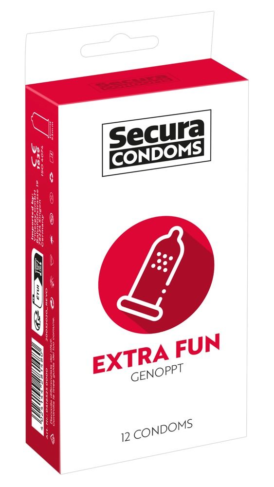 Verpackung von Secura Condoms. Roter Kreis mit Kondom-Symbol. Text: EXTRA FUN, 12 Kondome. Produktinformationen.