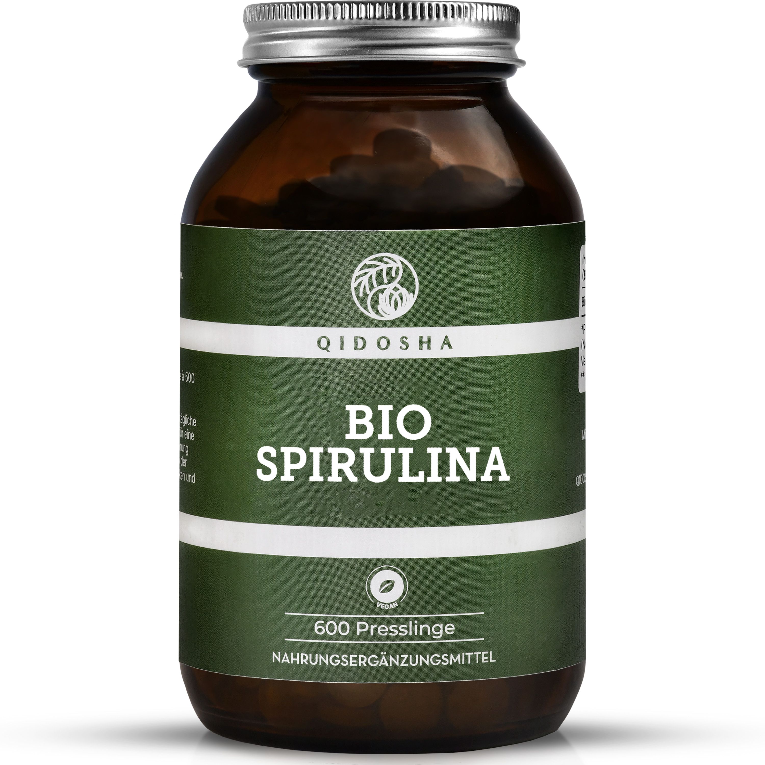 Braune Glasflasche mit grünem Etikett. Aufschrift: BIO SPIRULINA, 600 Presslinge. Deckel aus Metall.
