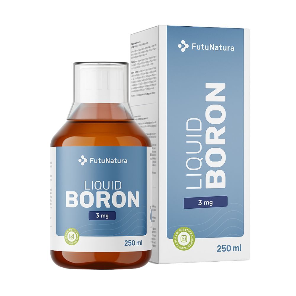 Flüssiges Boron-Nahrungsergänzungsmittel. Flasche und Verpackung mit Logo und Aufschrift Liquid Boron 3 mg.