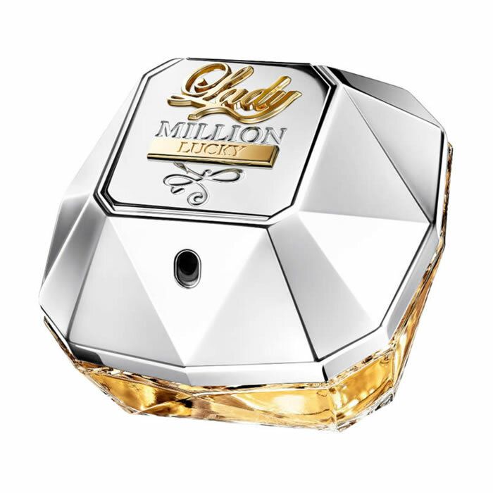 Lady Million Lucky Edp Spray, diamantförmiger Flakon. Weiß und goldfarben. Produktname auf dem Flakon.