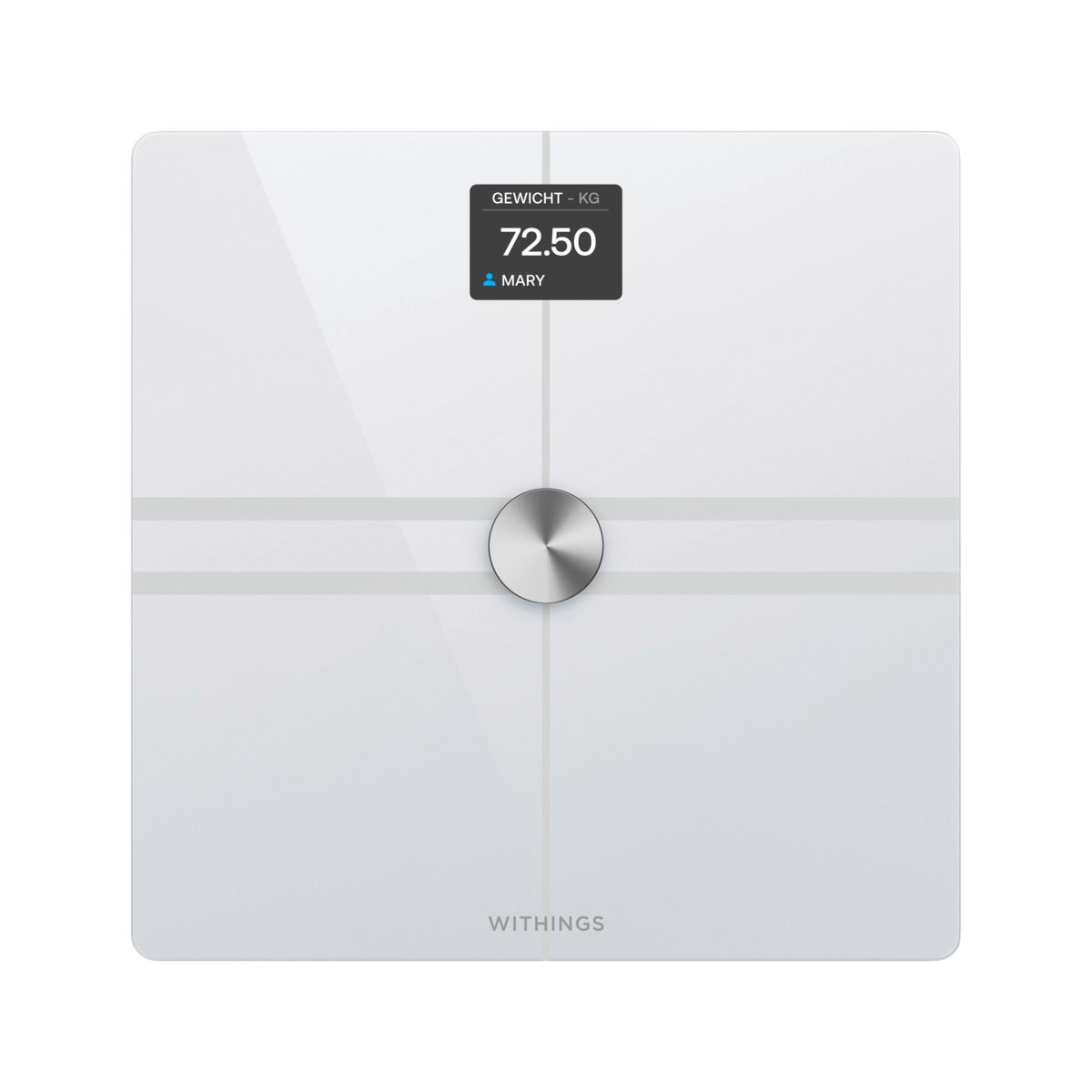 Weiße Personenwaage mit Display. Zeigt Gewicht 72.50 kg und Benutzername MARY. Mitings Logo unten.