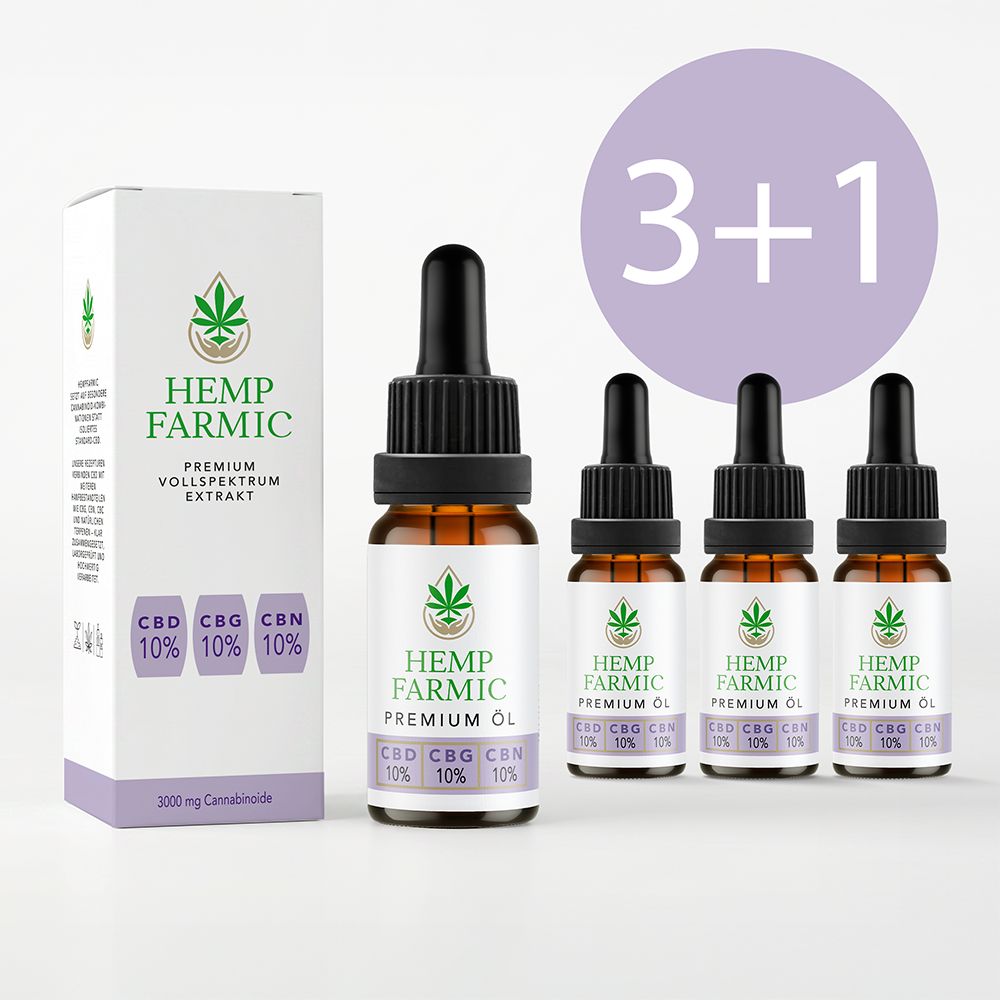 Verpackung und Flaschen mit Etikett. Aufschrift: HempFarmic, CBD, CBG, CBN 10%. Lila Kreis mit "3+1".