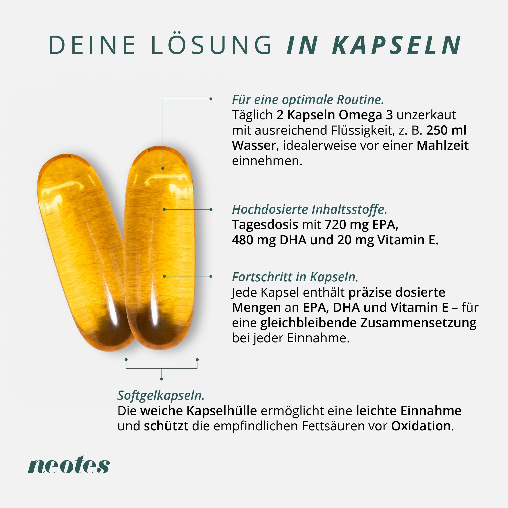 Zwei gelbe Omega-3 Kapseln. Text: Hochdosierte Inhaltsstoffe. Tagesdosis mit EPA, DHA und Vitamin E. Softgelkapseln.