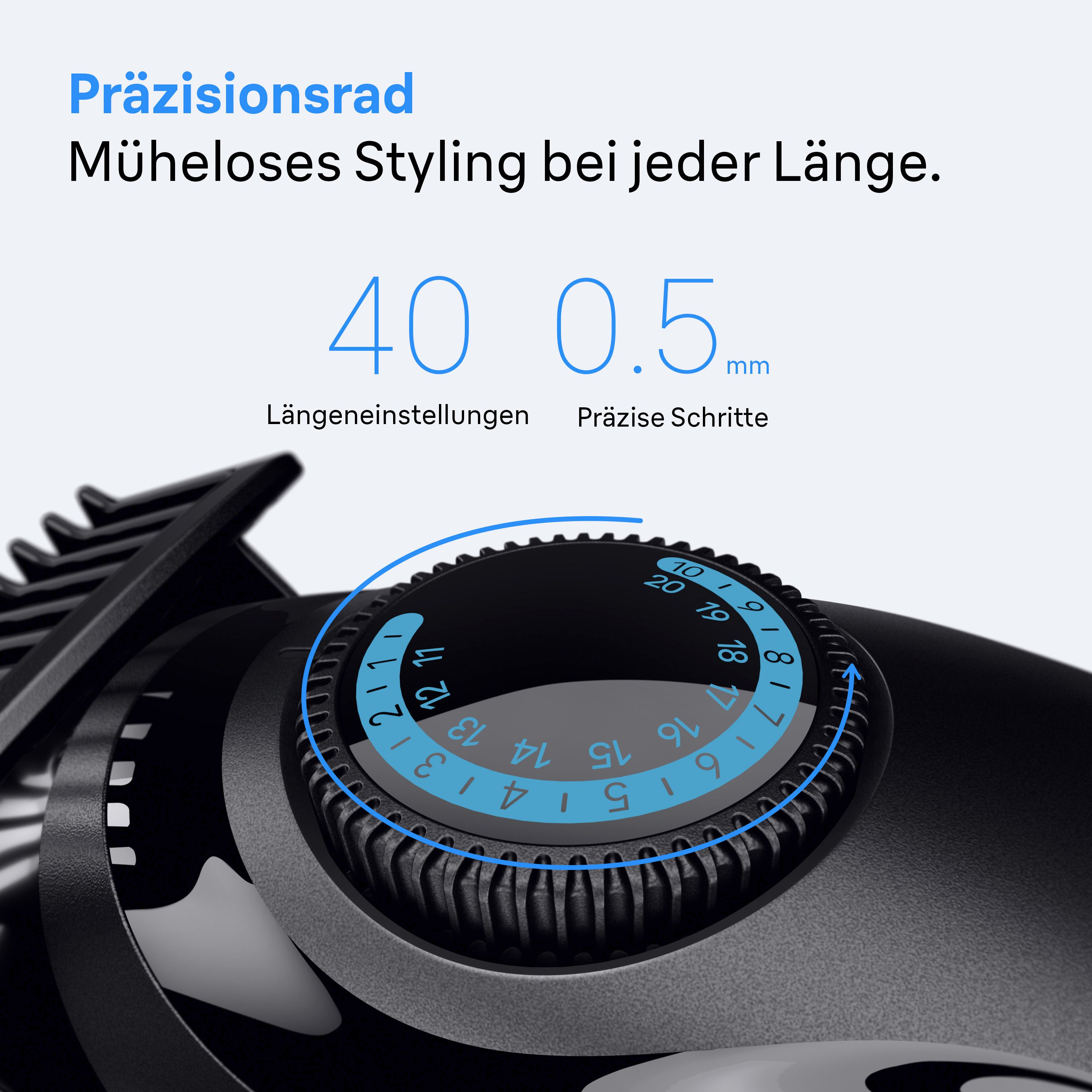 Braun Bartschneider mit 40 Längeneinstellungen und 0,5 mm Präzision.