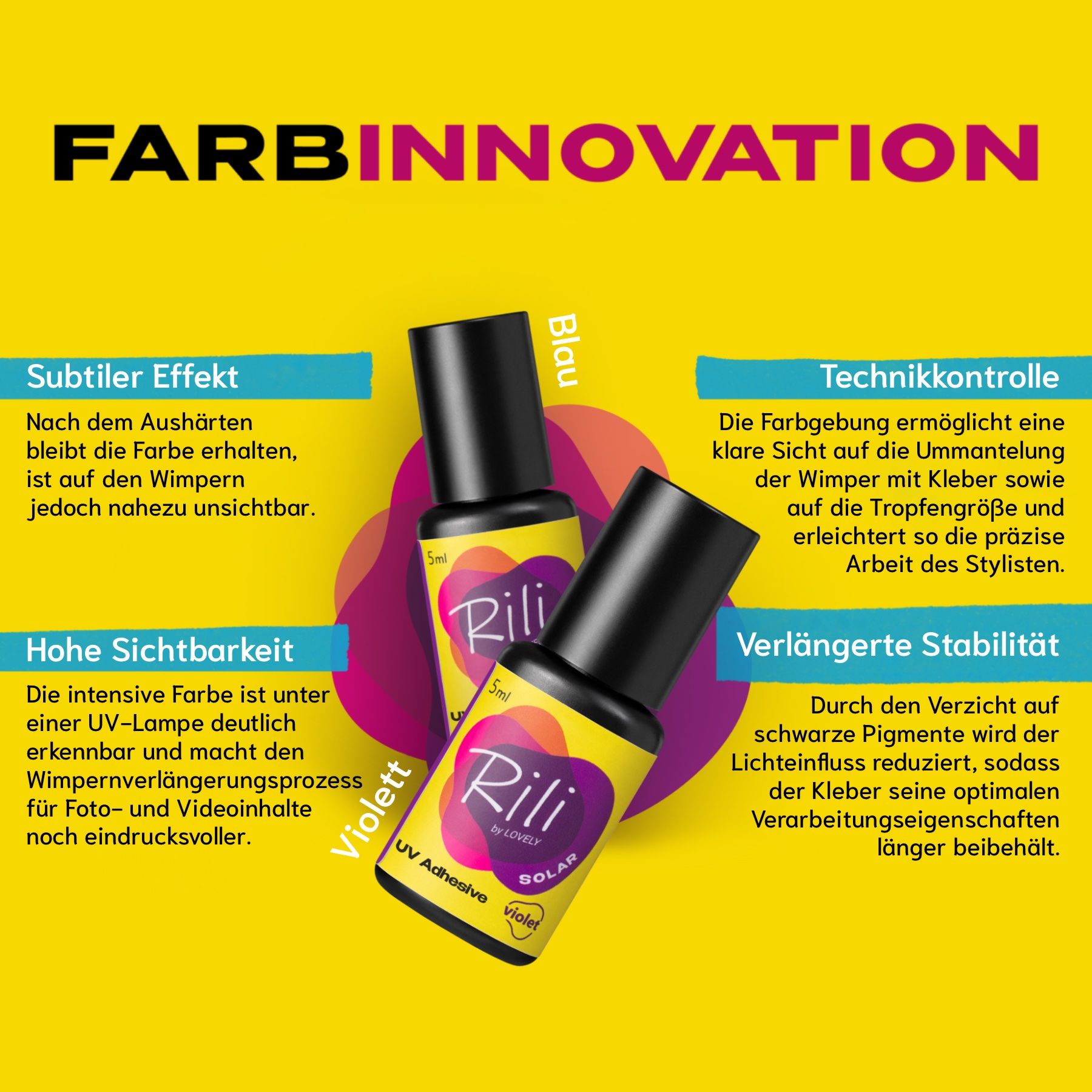 Zwei Flaschen Kleber. Farben: Blau, Violett. Text: Rili by LOVELY. Gelber Hintergrund. Informationen über das Produkt.