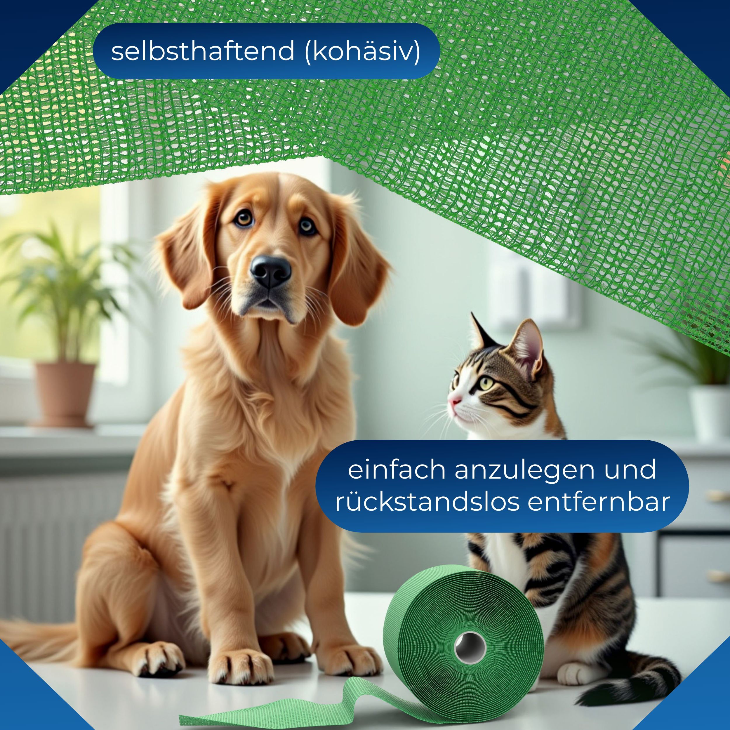 Grüne, selbsthaftende Bandage, auf Tisch. Hund und Katze daneben. Text: 'selbsthaftend (kohäsiv)' und 'einfach anzulegen'.