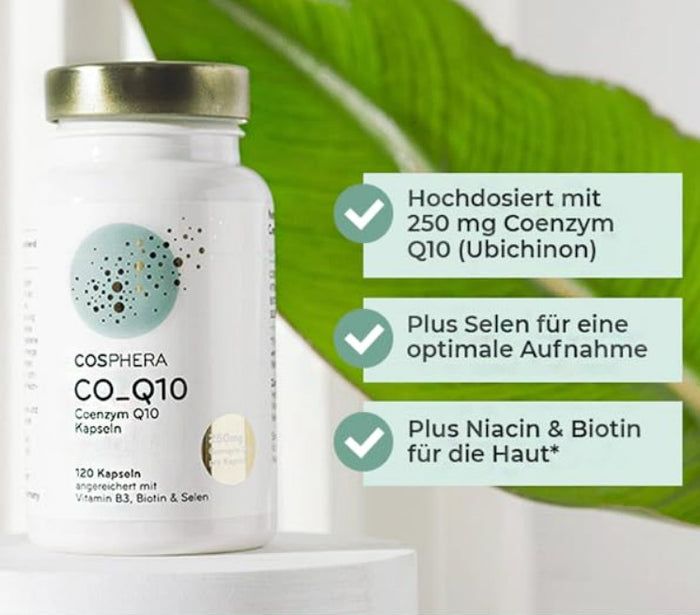Weiße Flasche Cosphera Coenzym Q10 Kapseln. Aufschrift: CO_Q10, 120 Kapseln, angereichert mit Vitamin B3, Biotin & Selen. Textfelder: 250mg Coenzym Q10, Plus Selen, Plus Niacin & Biotin.