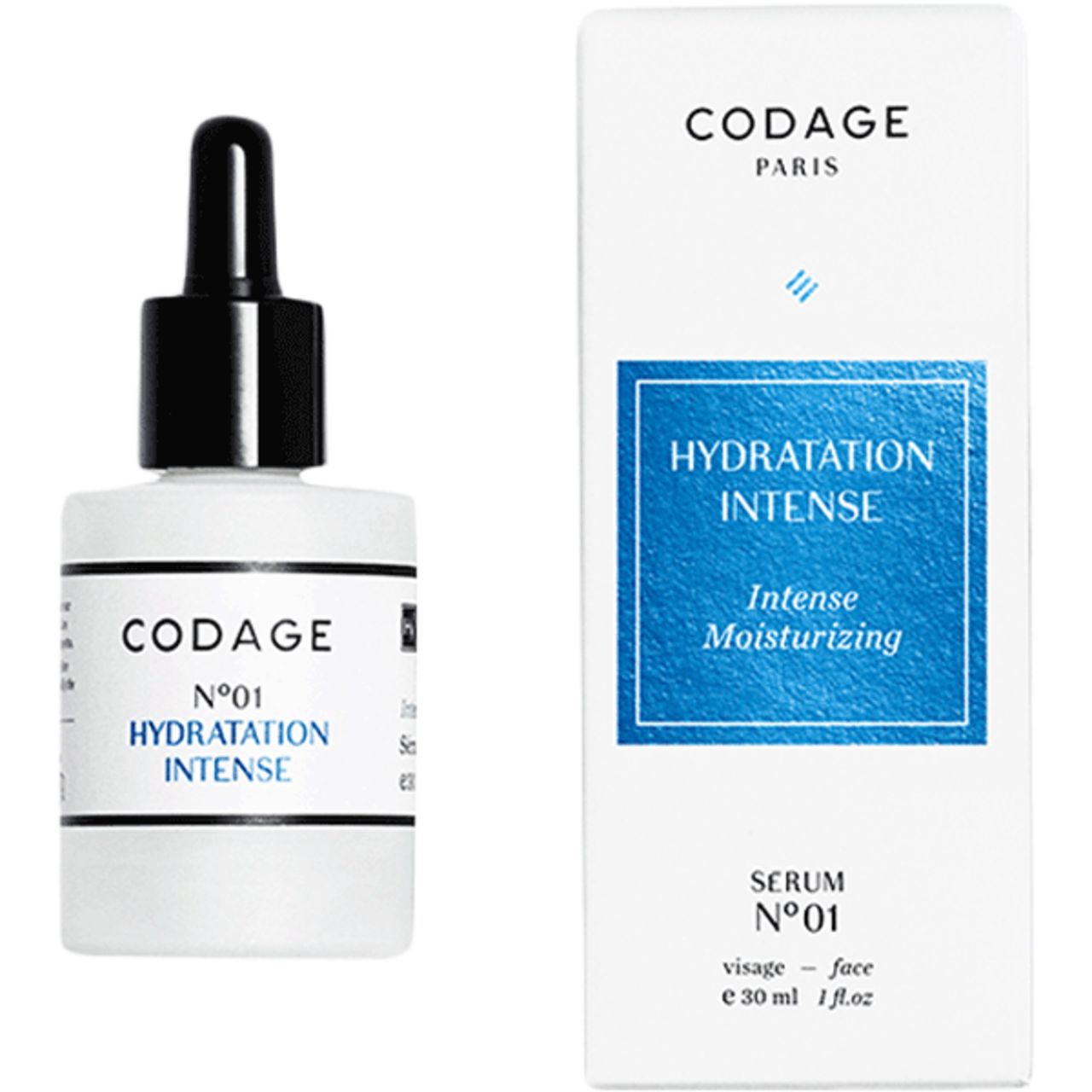 Weiße Flasche mit schwarzem Deckel und Pipette. Text: CODAGE, HYDRATATION INTENSE, Serum N°01. Neben: Verpackung.