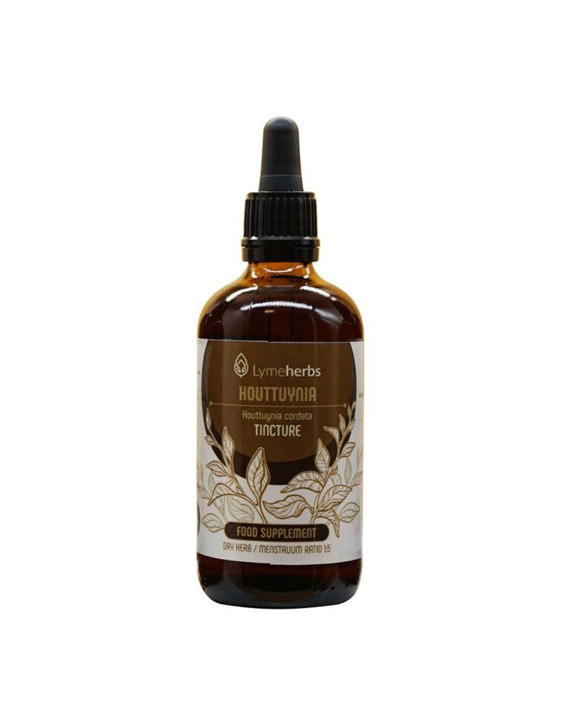 Braune Glasflasche mit Tropfer. Etikett mit Produktnamen und botanischen Illustrationen. "Food Supplement".