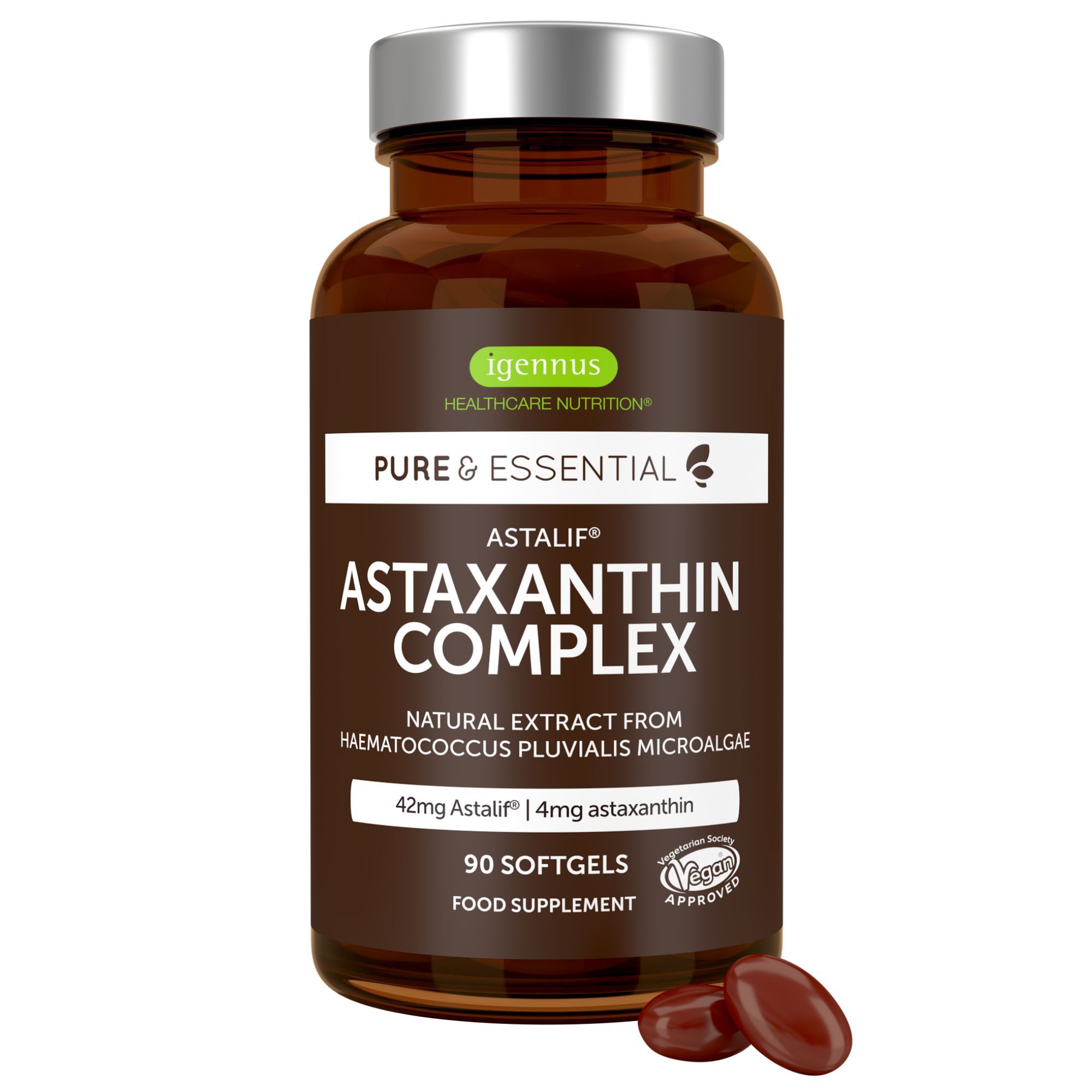 Braune Glasflasche mit silbernem Deckel, gefüllt mit Astaxanthin-Softgels.