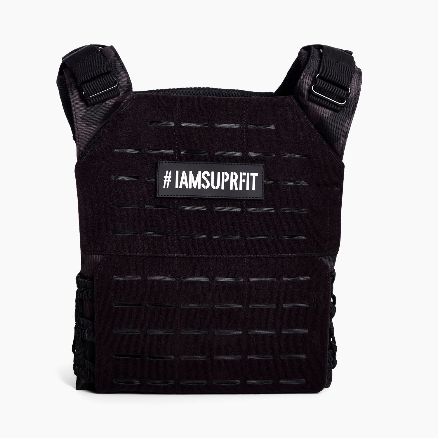 Schwarze Gewichtsweste. Aufschrift "#IAMSUPRfit".