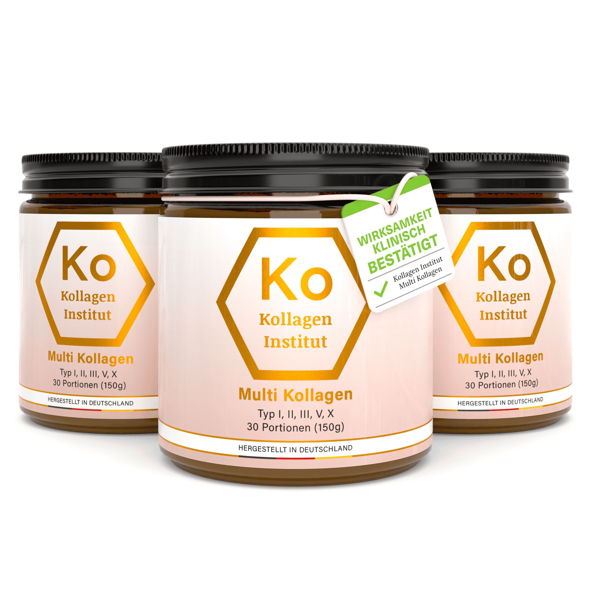 Drei Gläser Multi Kollagen Pulver. Aufschrift: Kollagen Institut, Multi Kollagen, Typ I, II, III, V, X. Mit Anhänger: Wirksamkeit klinisch bestätigt.