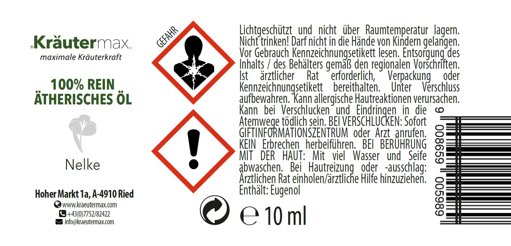 Etikett einer braunen Glasflasche. Text: 100% reines ätherisches Öl. Gefahrensymbole. Text: Enthält Eugenol. Volumen: 10 ml.