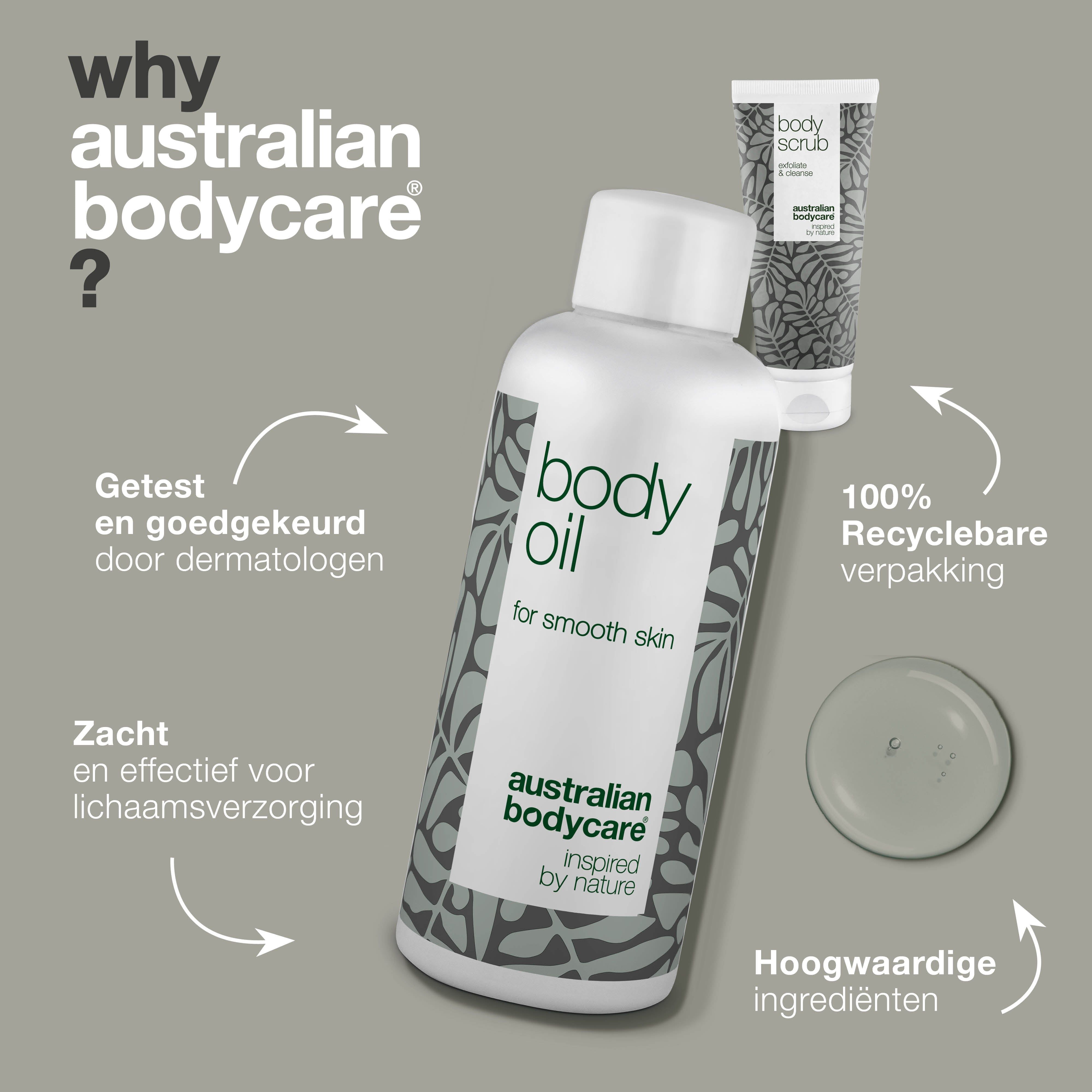 Waarom Australian Bodycare? Getest, 100% recyclebare verpakking. Body Oil. Hoogwaardige ingrediënten.