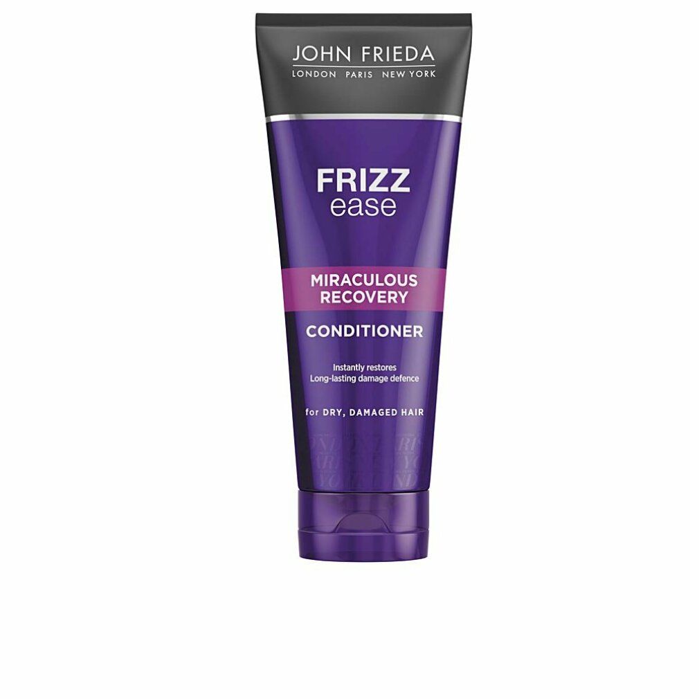 Violette Tube mit schwarzem Deckel. Aufschrift: John Frieda, Frizz Ease, Miraculous Recovery Conditioner. Für trockenes, geschädigtes Haar.