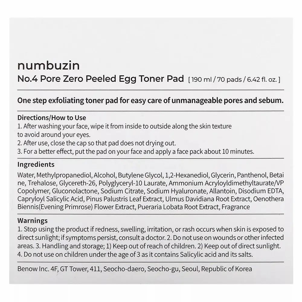 Text auf weißem Hintergrund. Text: numbuzin No.4 Pore Zero Peeled Egg Toner Pad [190 ml / 70 pads / 6.42 fl. oz.]. Anweisungen und Inhaltsstoffe.