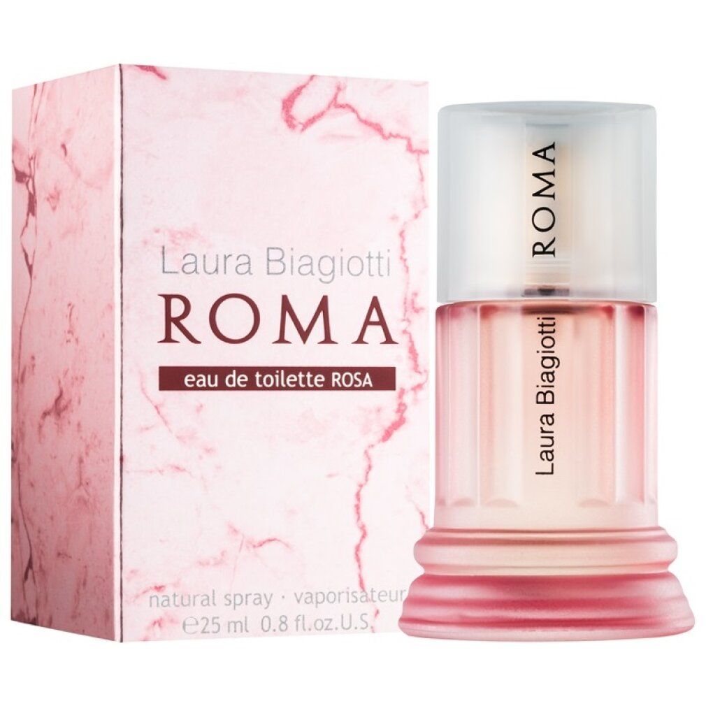 Rosa Eau de Toilette Flakon und Verpackung. Flakon in Säulenform. Verpackung mit Schriftzug Roma, Laura Biagiotti und Rosa.