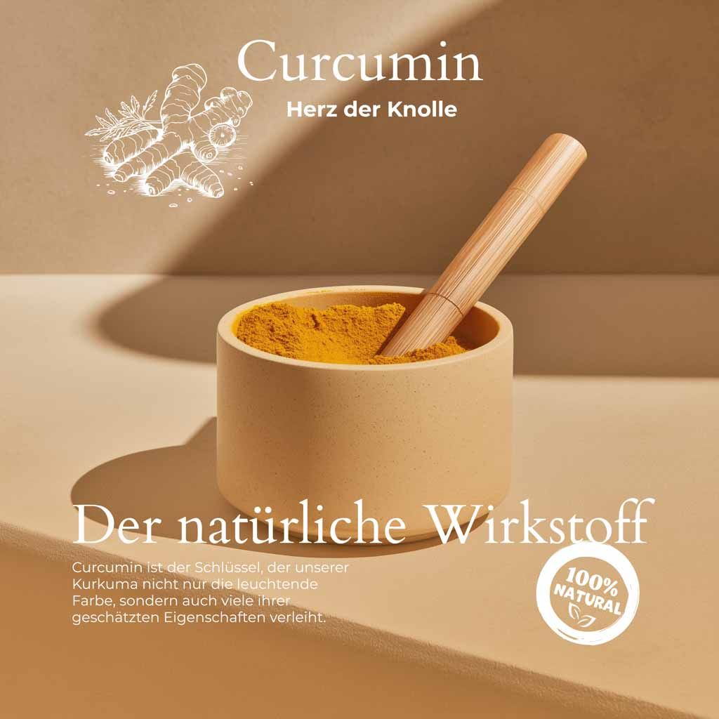 Beige Schale mit Kurkuma-Pulver und Holz-Mörser. Text: Curcumin, Herz der Knolle, Der natürliche Wirkstoff, 100% Natural.