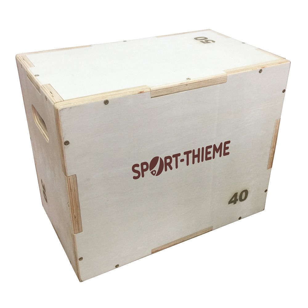Holz-Plyobox mit Markierungen für 30, 40 und 50 cm Höhe. Marke: Sport-Thieme.
