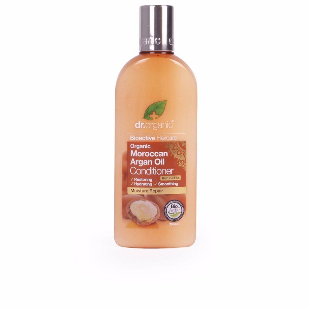 Flasche mit Conditioner. Aufschrift: Dr. Organic, Bioaktive Haarpflege, Moroccan Argan Oil Conditioner. Silberner Deckel.
