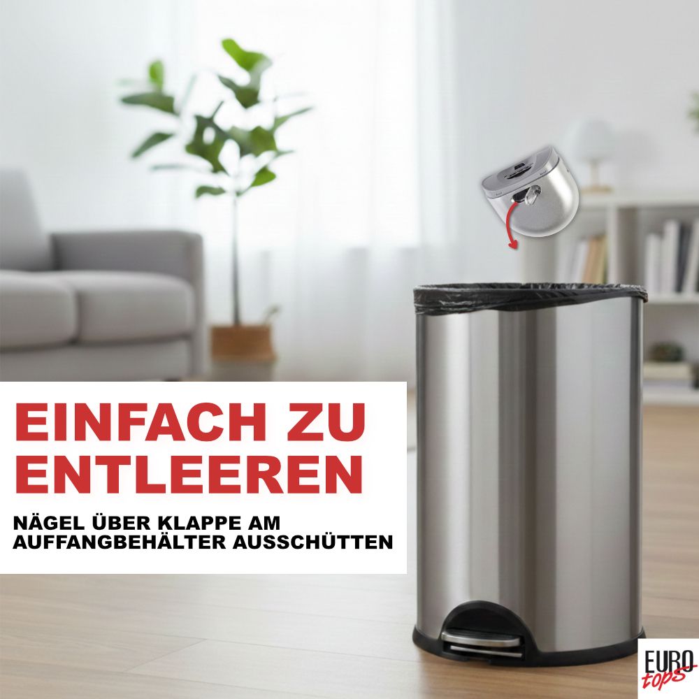 Elektrischer Nagelschneider in Silber, der in einen Mülleimer geleert wird.