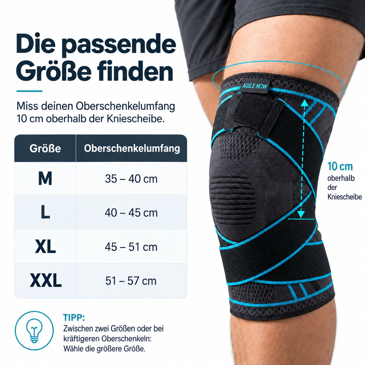 AGILE NOW Kniebandage in Größe L. Messanleitung für den Oberschenkelumfang über der Kniescheibe.