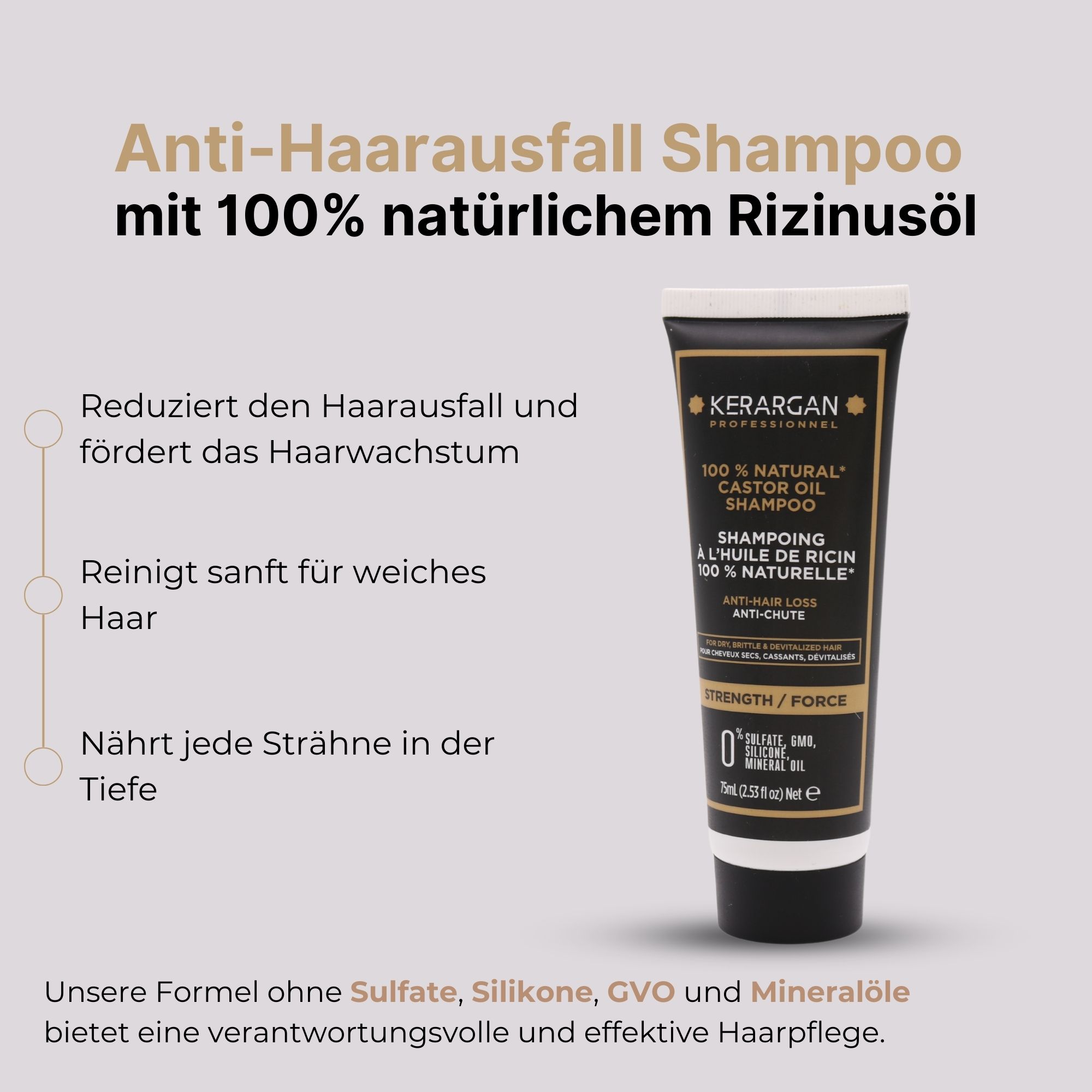Kerargan Shampoo-Tube. Text: Anti-Haarausfall Shampoo mit 100% natürlichem Rizinusöl. Produkt neben Text.