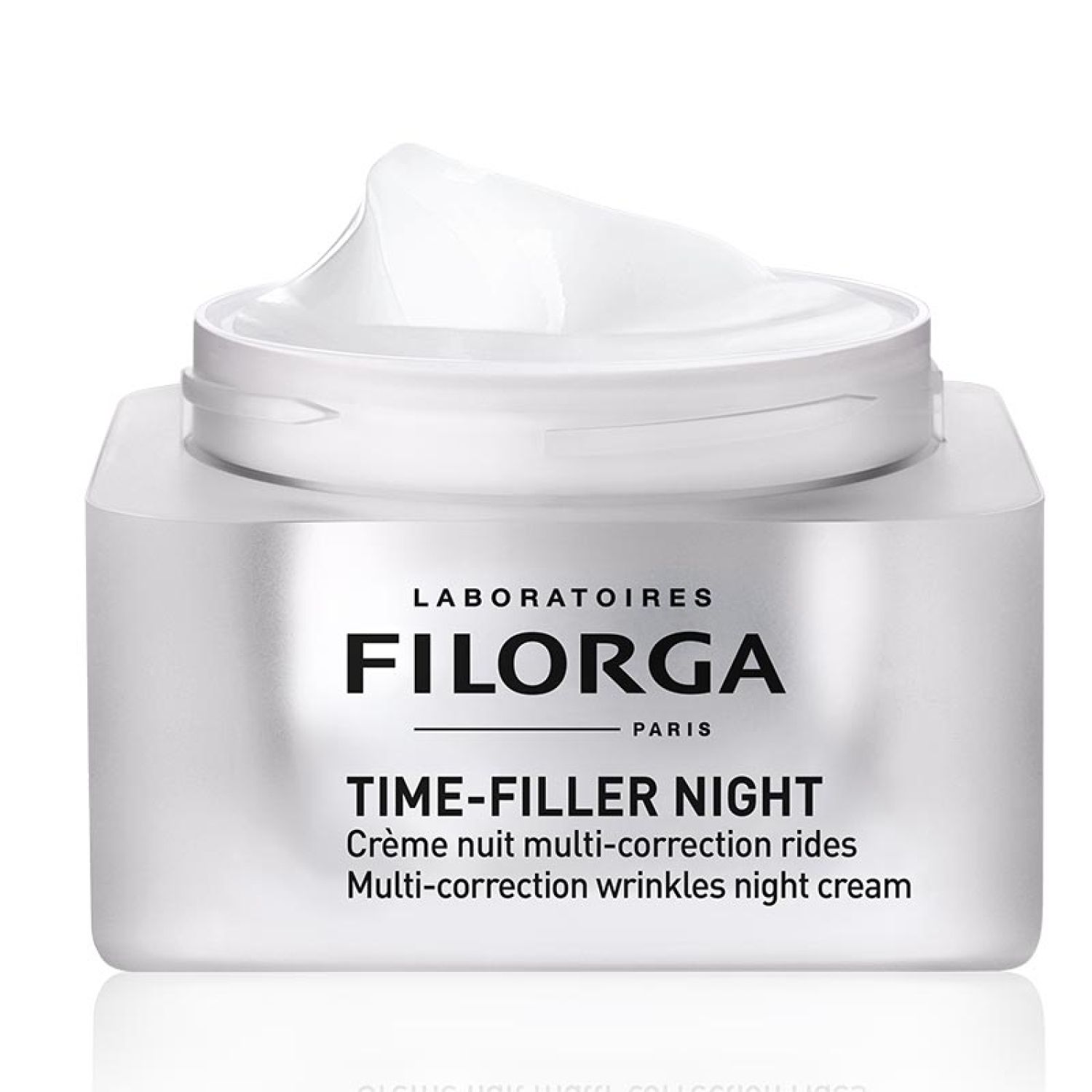Offener Tiegel mit Creme. Aufschrift: FILORGA, TIME-FILLER NIGHT. Text: Crème nuit multi-correction rides, Multi-correction wrinkles night cream.