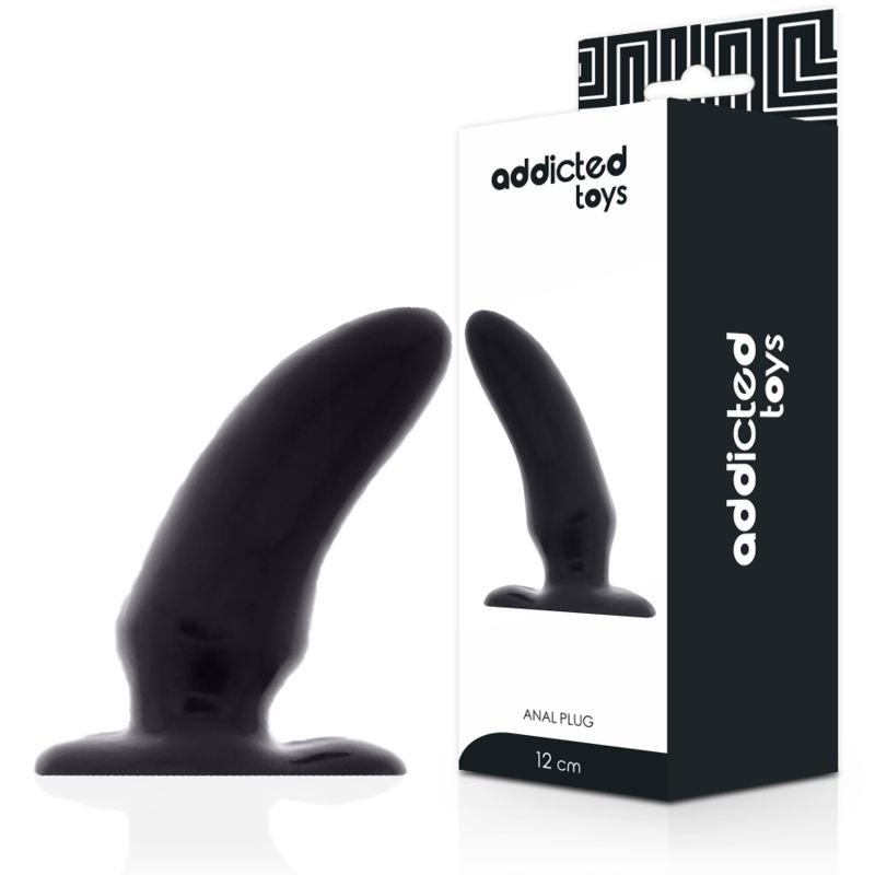Verpackung mit Analplug. Marke: Addicted Toys. Produkt und Verpackung nebeneinander. Text: ANAL PLUG, 12 cm.