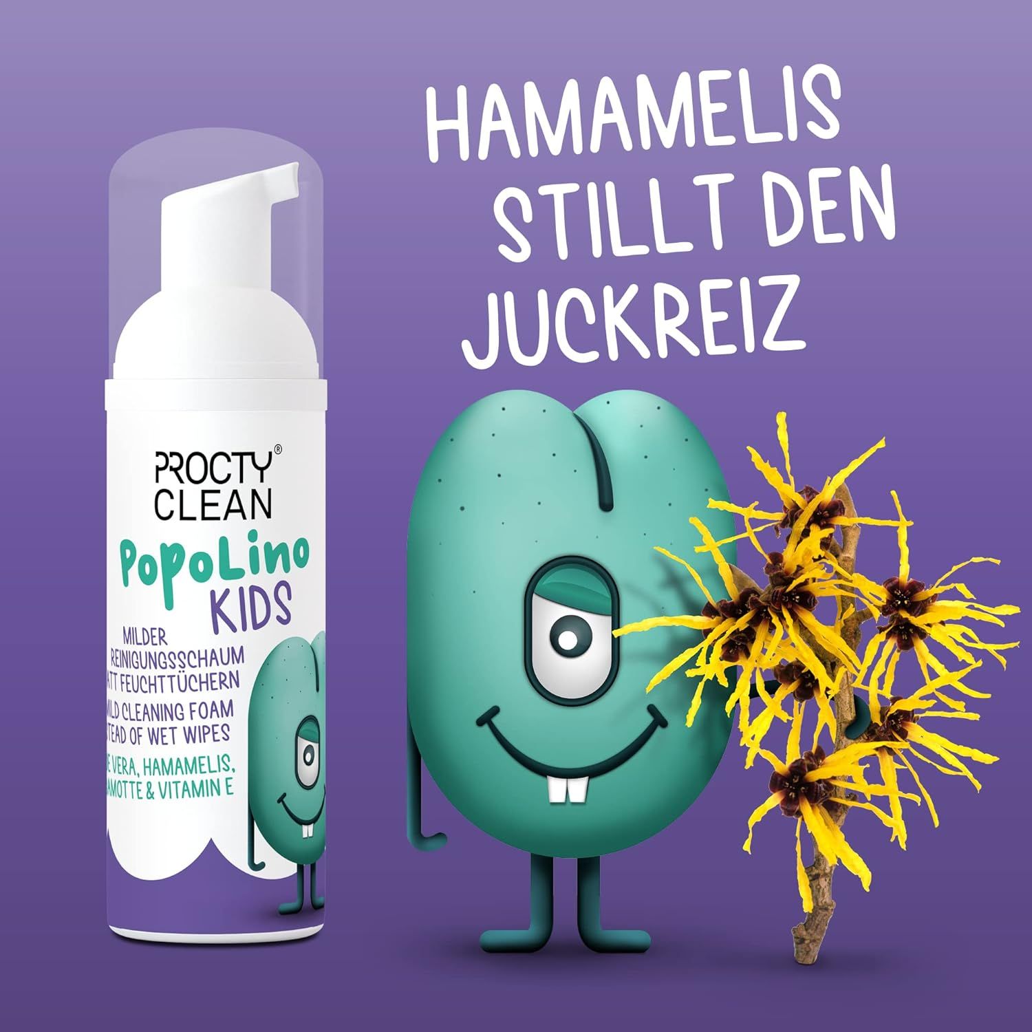 PROCTY® CLEAN PopoLino KIDS. Reinigungsschaum-Flasche und Hamamelis-Blüten. Text: Hamamelis stillt den Juckreiz.