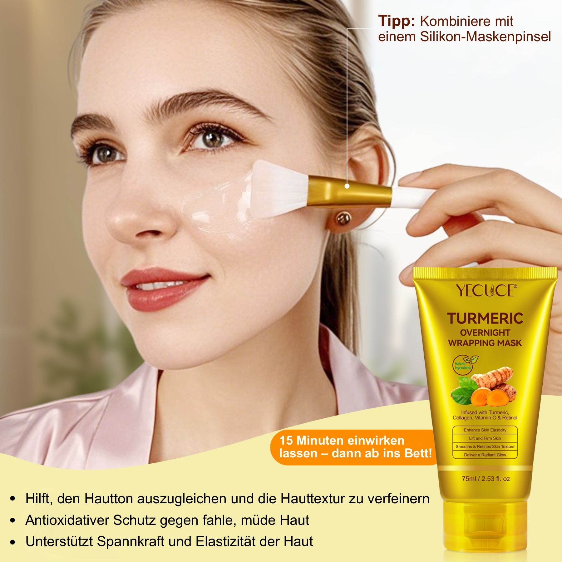 Frau trägt Maske mit Pinsel auf.