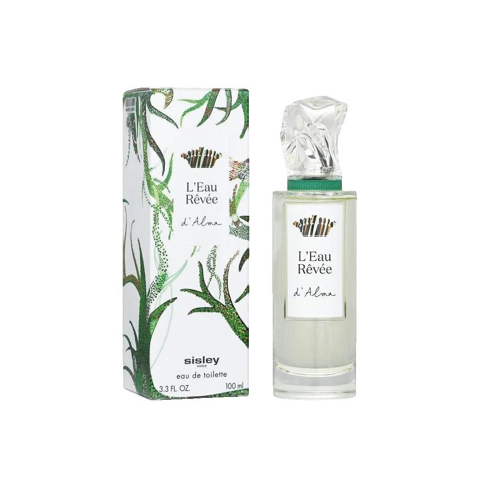 Flakon und Verpackung. Flakon mit transparentem Verschluss. Verpackung: weiß mit grünem Pflanzenmuster. Text: L'Eau Rêvée d'Alma, Sisley.