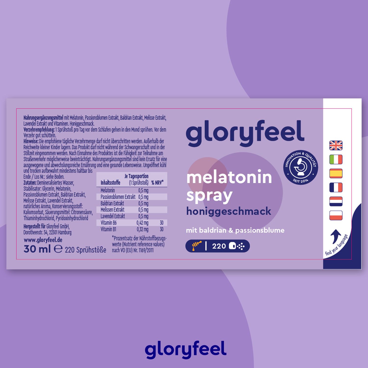 Verpackung gloryfeel Melatonin Spray Honiggeschmack. Enthält Nährwertangaben, Inhaltsstoffe und Hinweise. 30 ml, 220 Sprühstöße. Mit Flaggen.