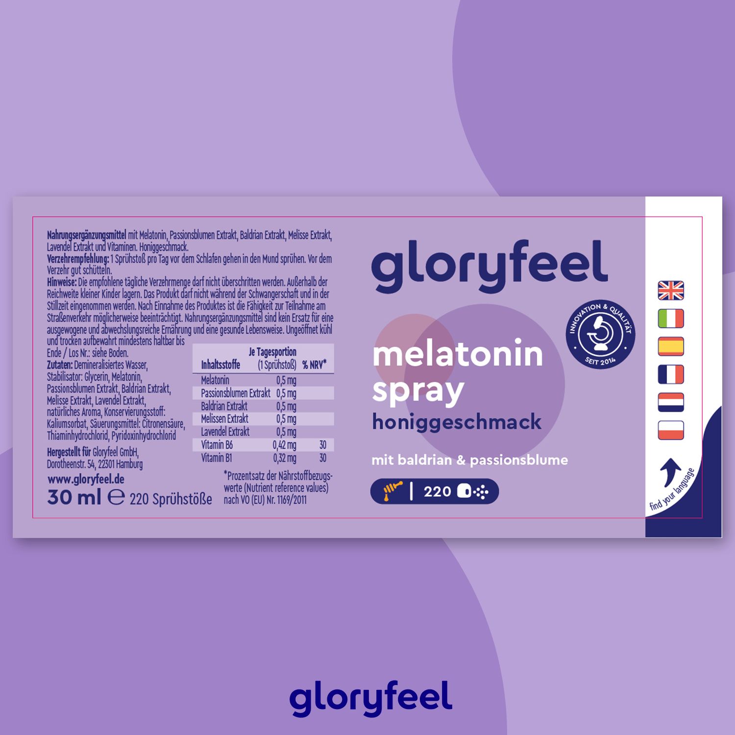 gloryfeel® Melatonin + Baldrian, Lavendel & Melisse Spray Honig 220 St Tropfen zum Einnehmen