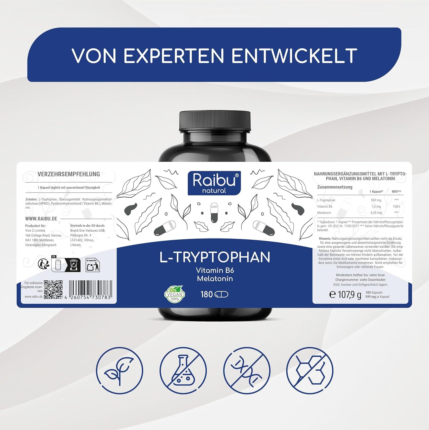 Produktverpackung mit Aufschrift: Raibu natural, L-Tryptophan, Vitamin B6, Melatonin, 180 Kapseln. Mit Icons.