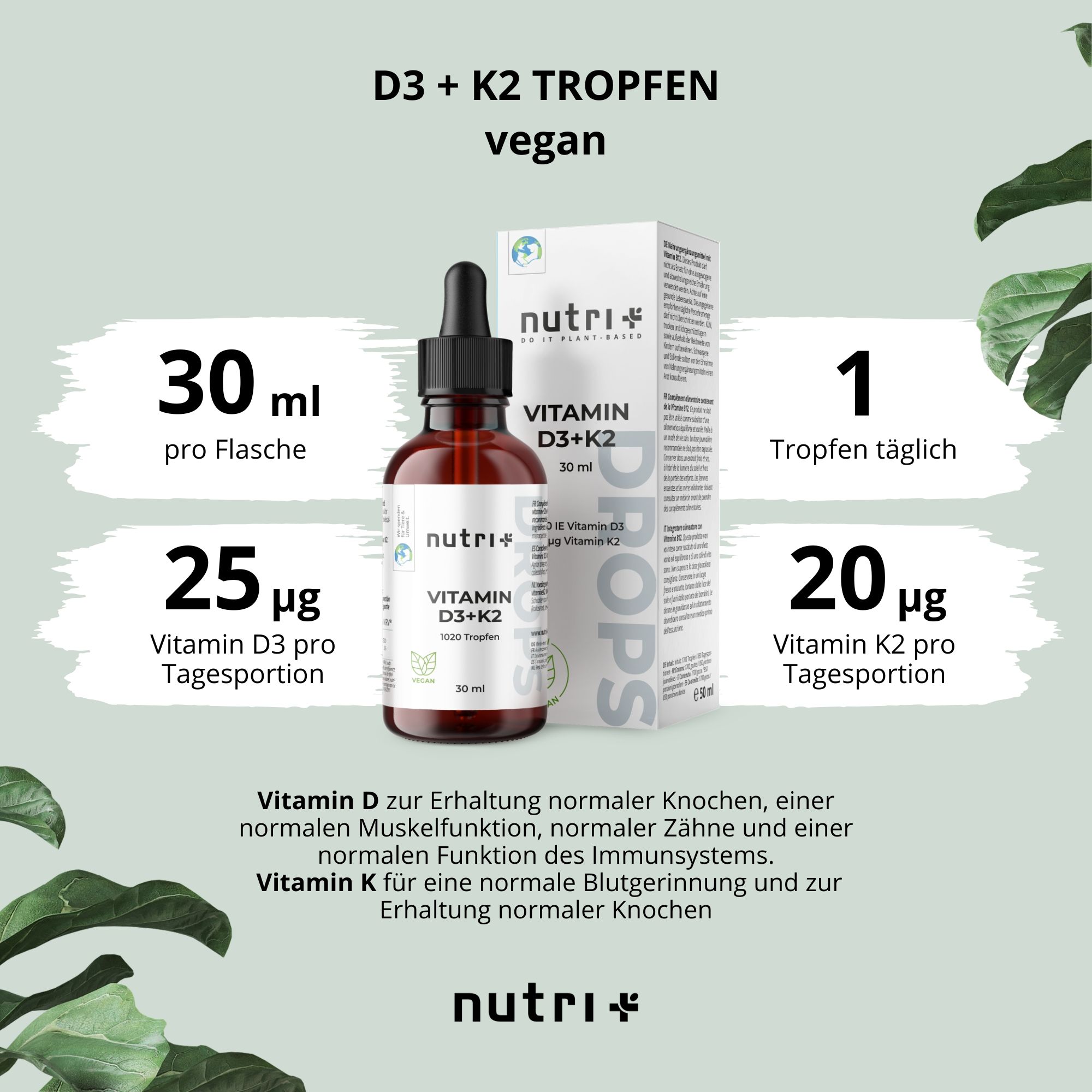 Flasche und Karton nutri+ Vegane Vitamin D3 + K2 Tropfen mit Dosierungsangaben.