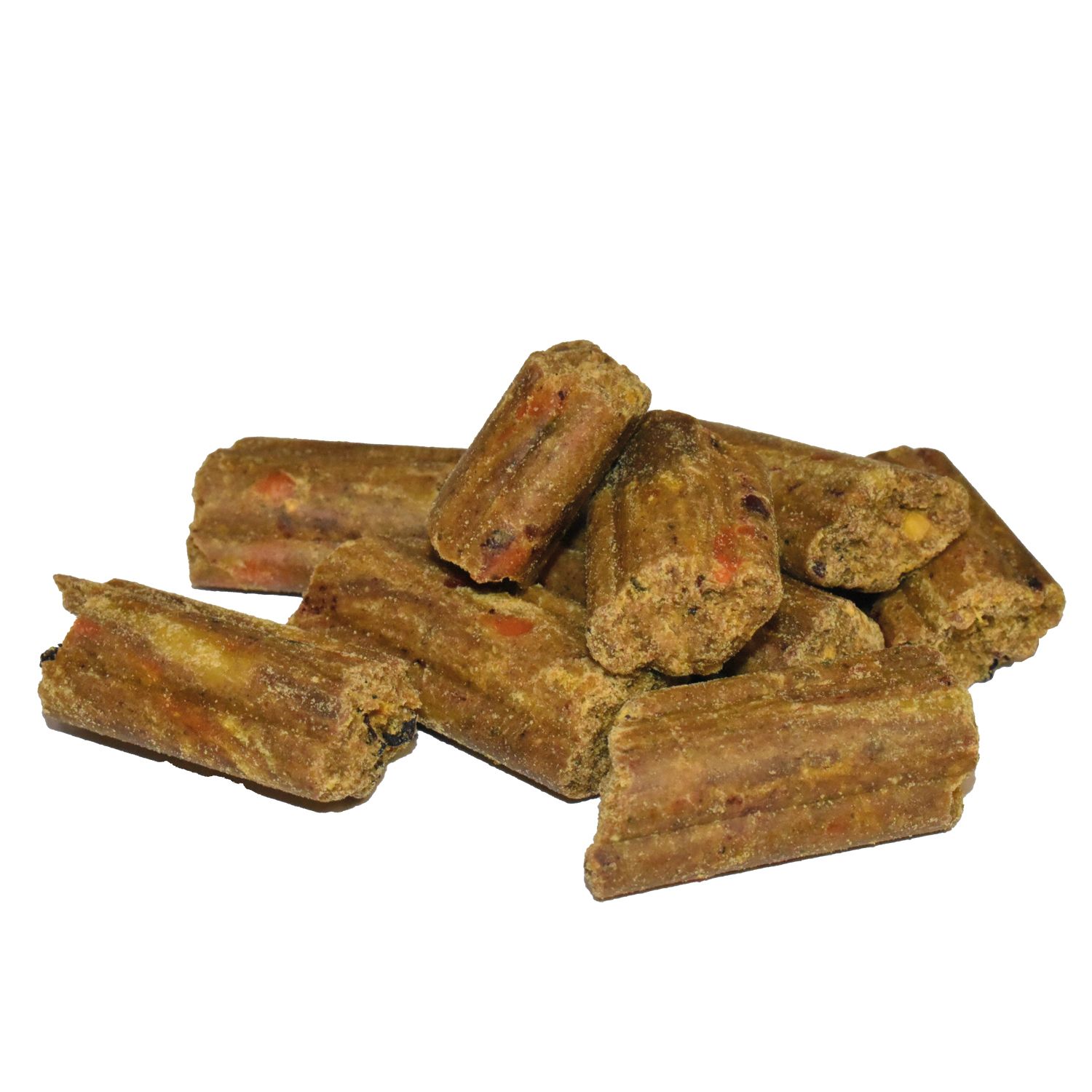 Haufen brauner Pellets. Einzelne Pellets mit sichtbaren Bestandteilen. Produkt für Hunde.