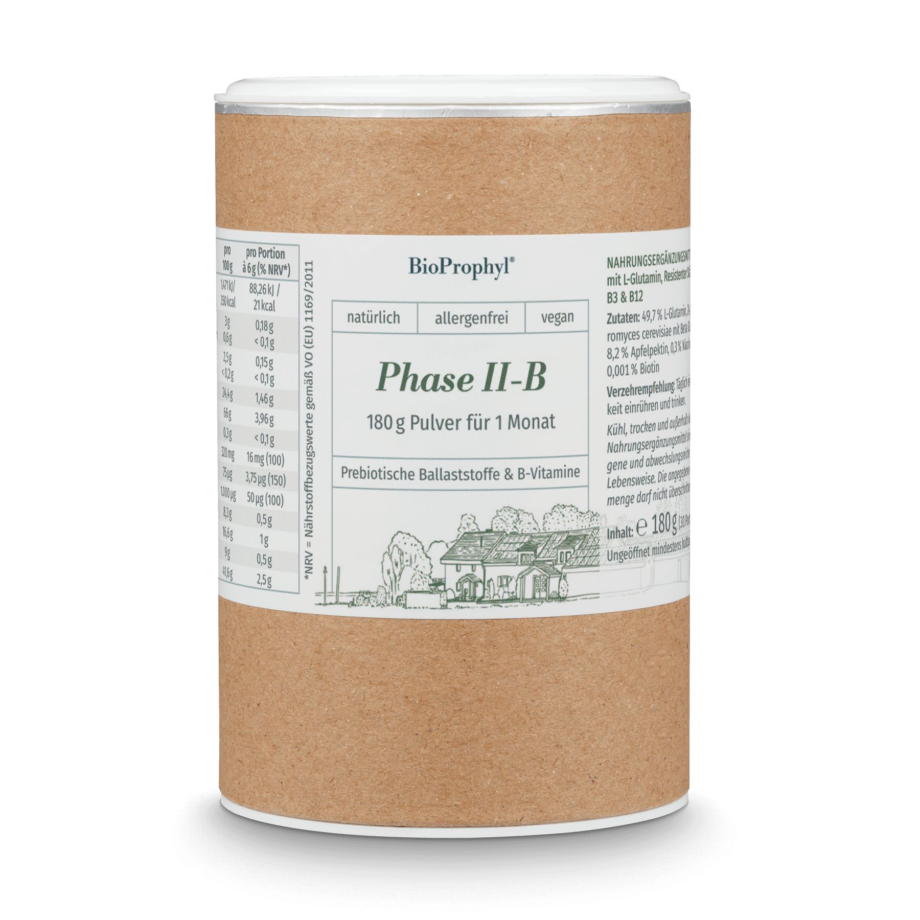 Zylindrische Dose mit Aufschrift "BioProphyl Phase II-B". Enthält 180g Pulver. Aufdrucke: natürlich, allergenfrei, vegan.