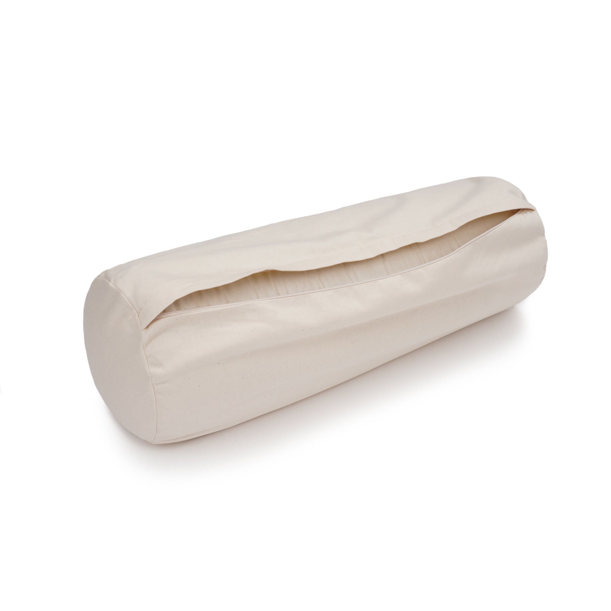 Naturfarbenes Yoga-Bolster mit Reißverschluss, zylindrische Form.