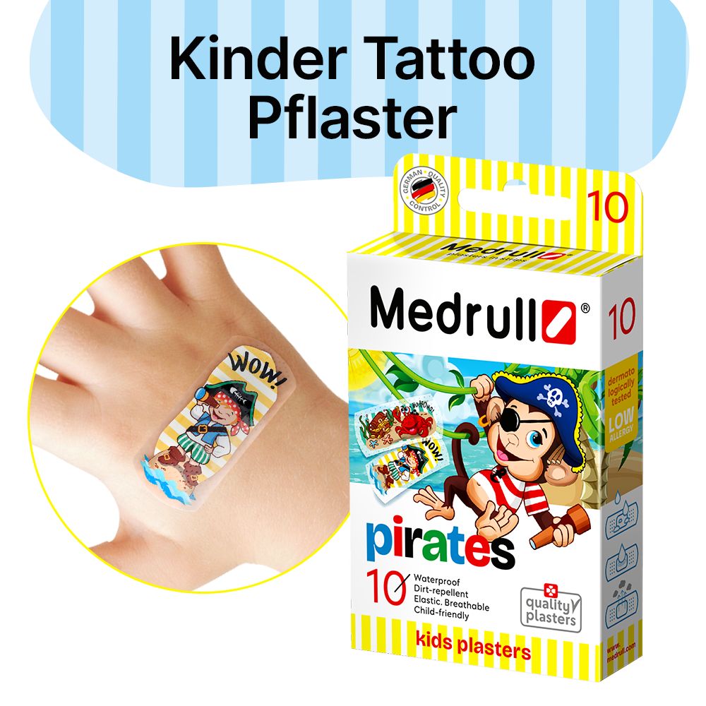 Medrull Kinderpflaster mit Piraten, Tattoo-Pflaster, hyperallergen, wasserabweisend