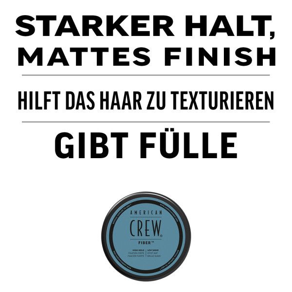 Text auf weißem Hintergrund: Starker Halt, mattes Finish, hilft das Haar zu texturieren, gibt Fülle. Produkt-Deckel.