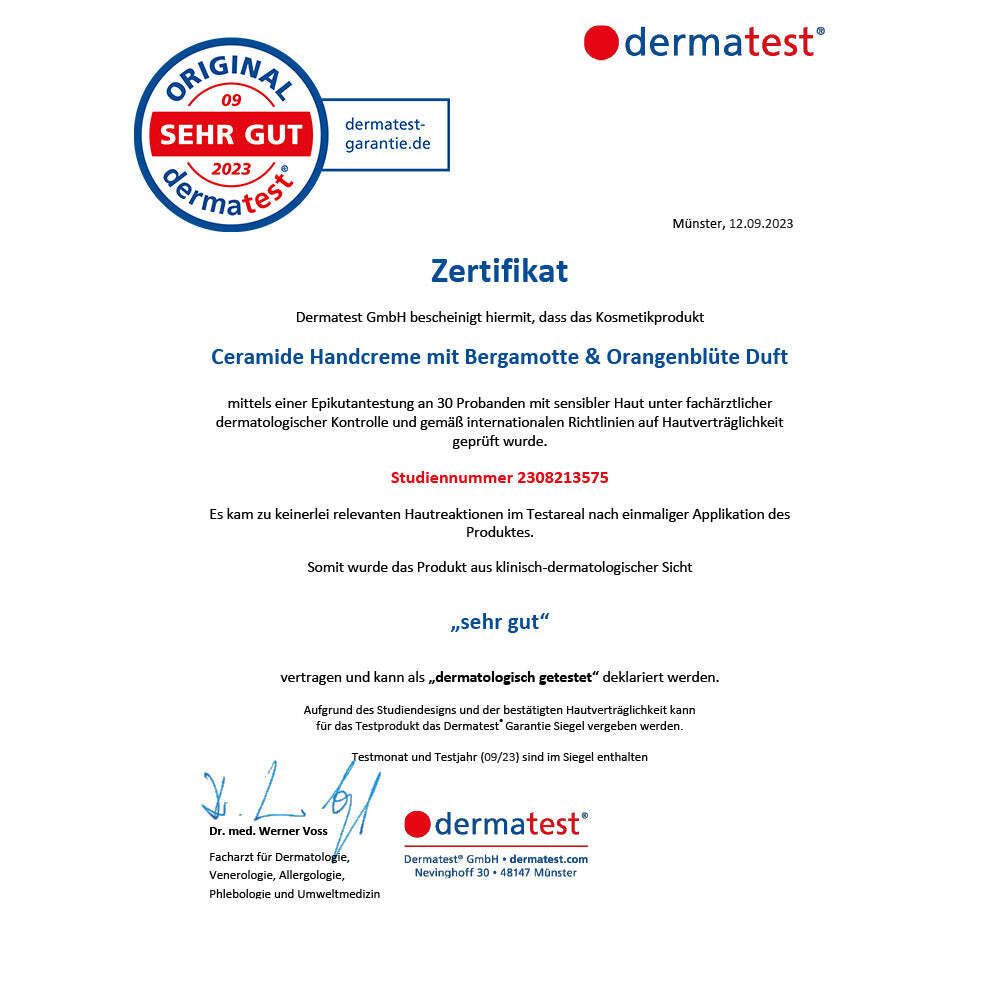 Zertifikat von dermatest. Text: Ceramide Handcreme mit Bergamotte & Orangenblüte Duft. Sehr gut.