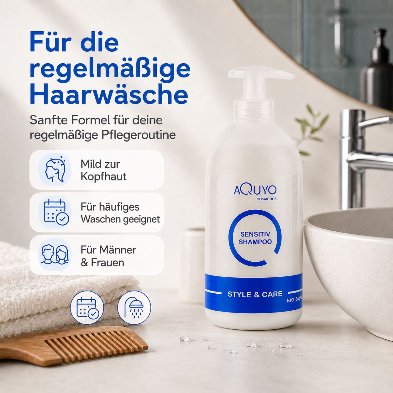 AQUYO SENSITIV SHAMPOO: Für regelmäßige Haarwäsche. Mild zur Kopfhaut, für Männer & Frauen. Sanfte Formel.