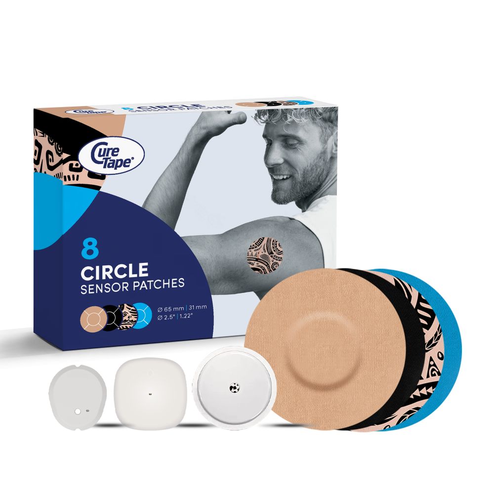 Packung mit 8 runden Sensor-Patches, Sensoren und Zubehör. Text: 8 CIRCLE SENSOR PATCHES. Logo CureTape.
